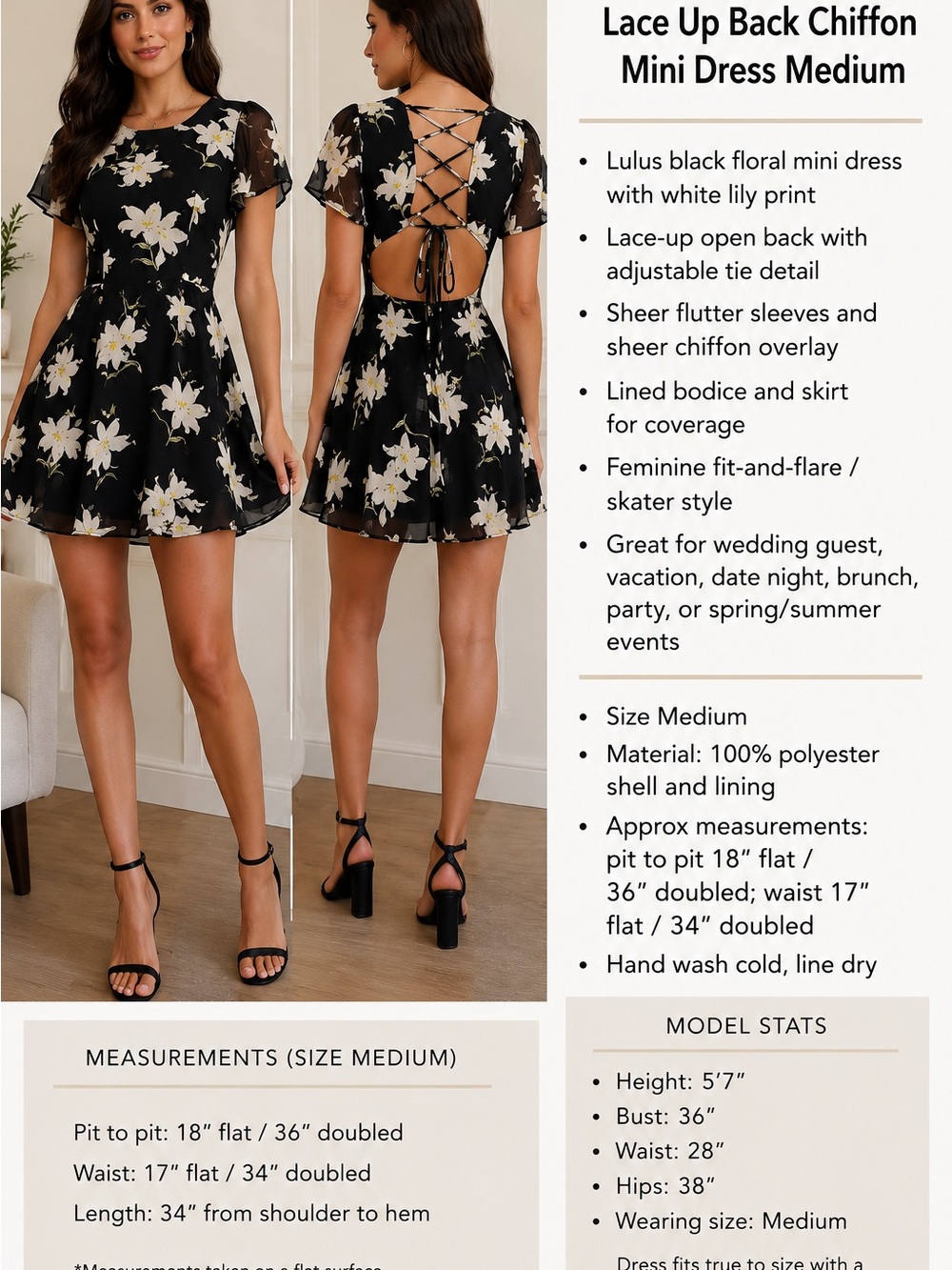Lulus Floral Lace Up Back Chiffon Mini Dress M Cottagecore Fairycore